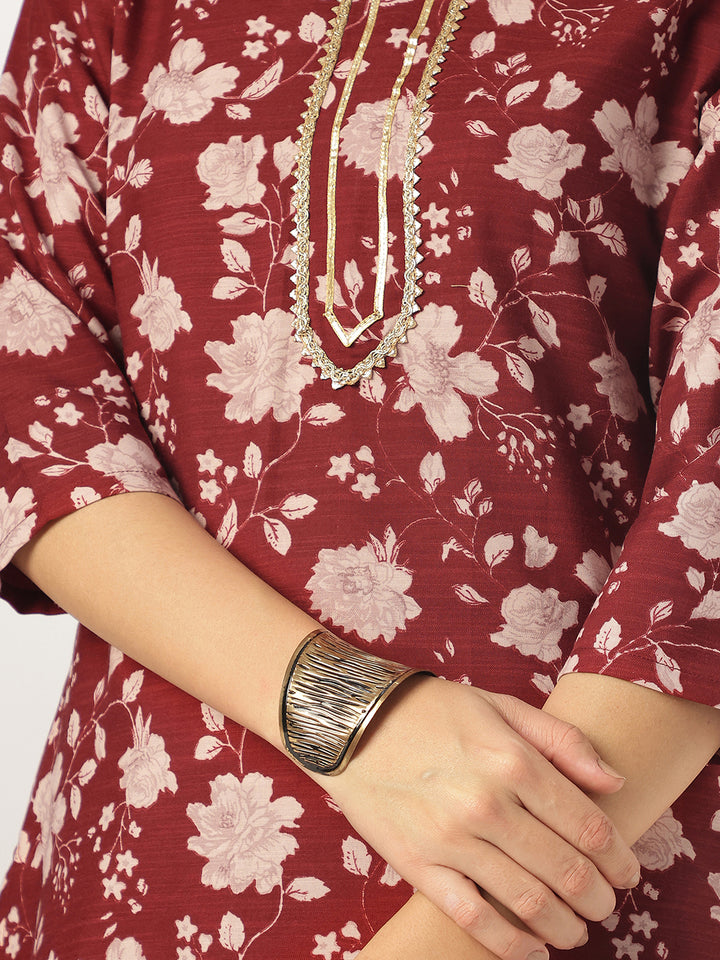 Maroon Rayon Blend Straight Floral Printed 3-Piece Kurta Set