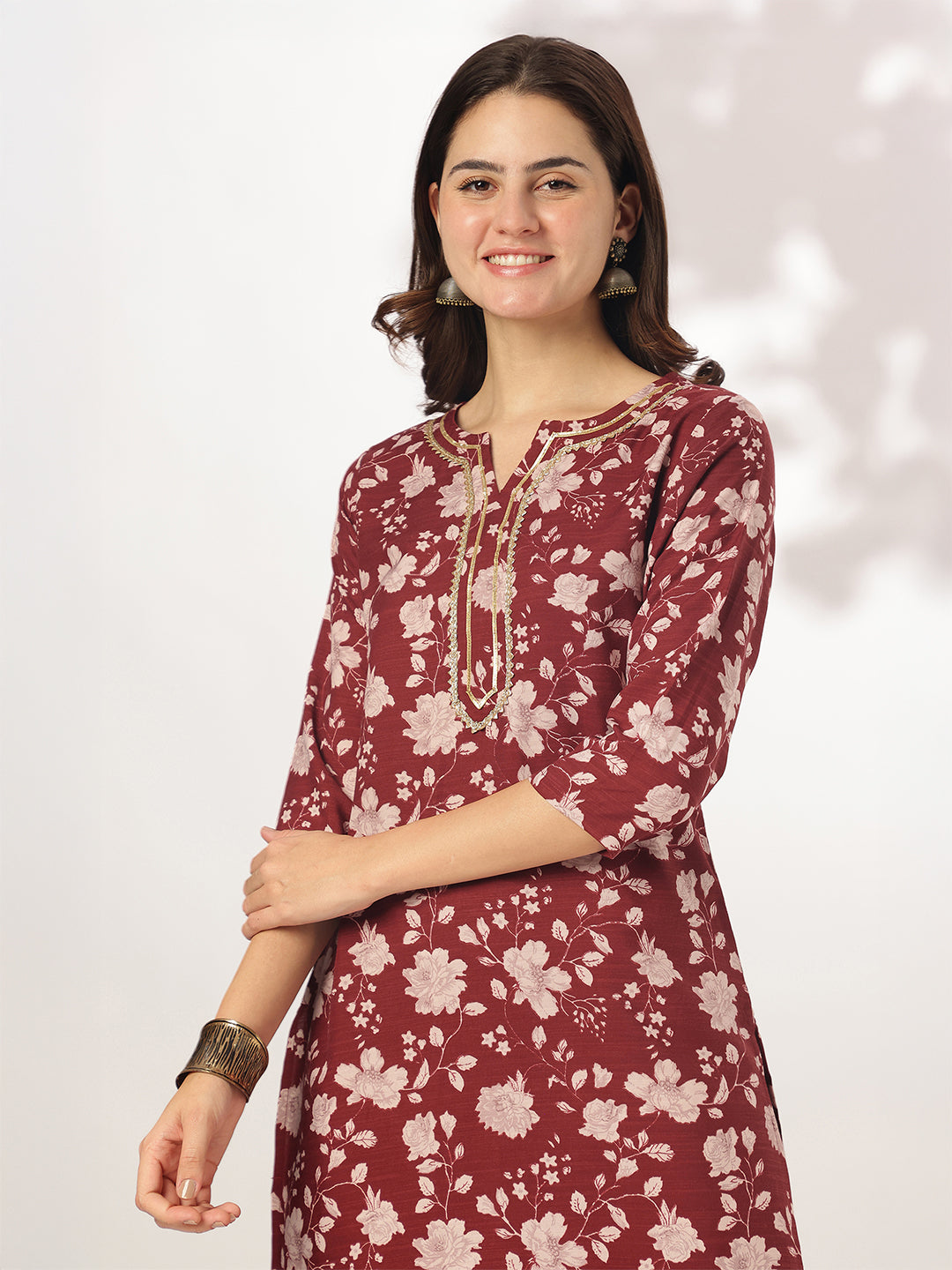 Maroon Rayon Blend Straight Floral Printed 3-Piece Kurta Set