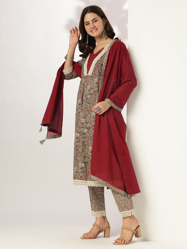 Sage Cotton Anarkali Floral Printed 3-Piece Kurta Set