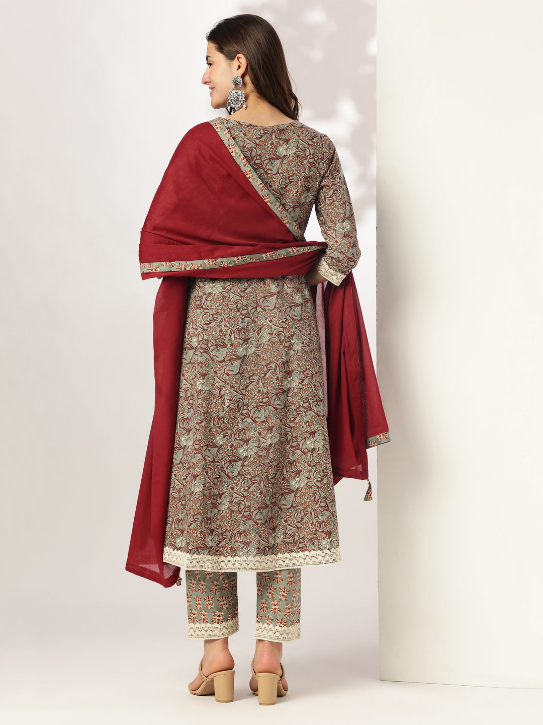 Sage Cotton Anarkali Floral Printed 3-Piece Kurta Set