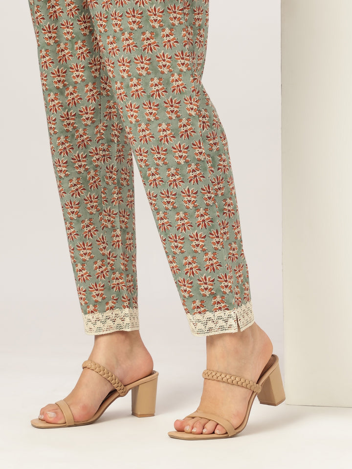 Sage Cotton Anarkali Floral Printed 3-Piece Kurta Set