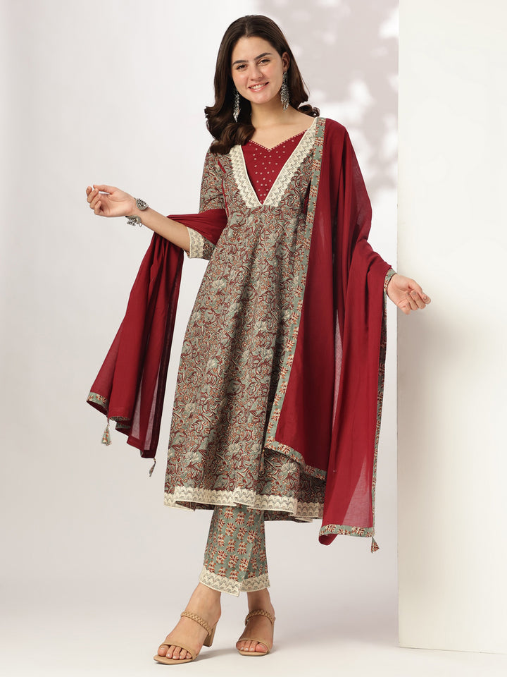 Sage Cotton Anarkali Floral Printed 3-Piece Kurta Set