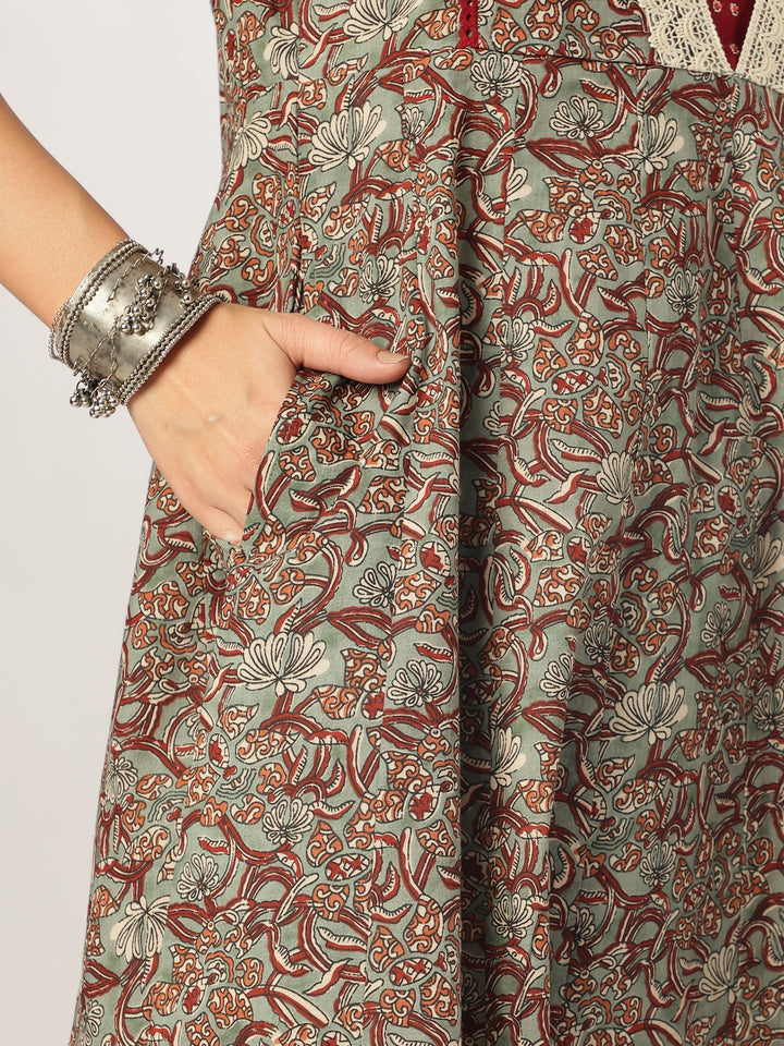 Sage Cotton Anarkali Floral Printed 3-Piece Kurta Set