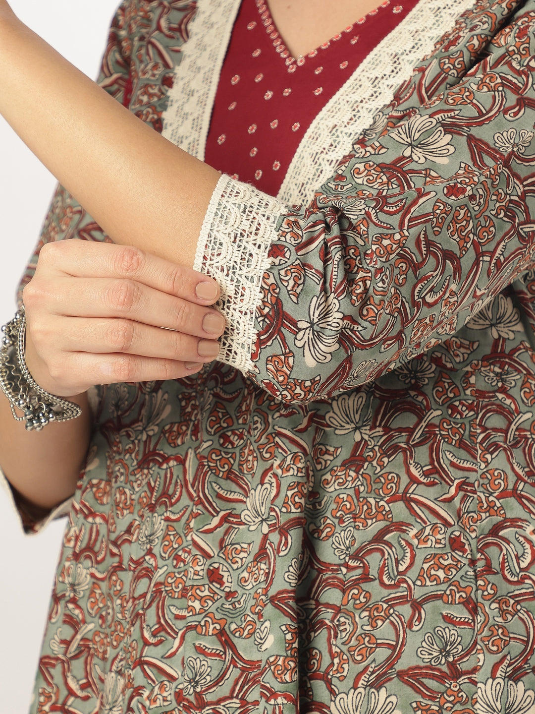 Sage Cotton Anarkali Floral Printed 3-Piece Kurta Set