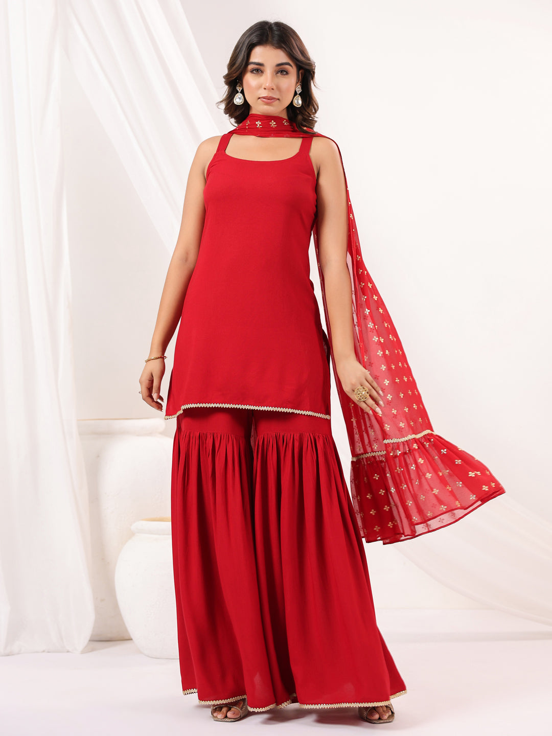 Red-Rayon-Straight-Solid-3-Piece-Sharara-Set