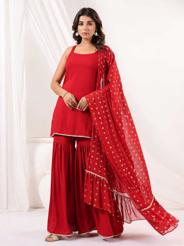 Red Rayon Straight Solid 3-Piece Sharara Set
