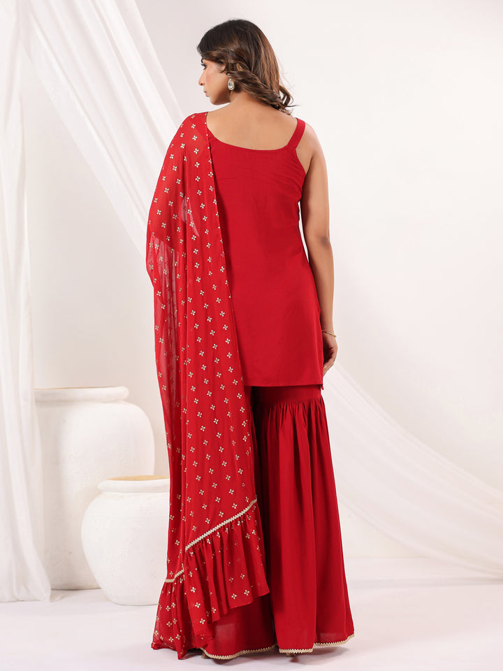 Red Rayon Straight Solid 3-Piece Sharara Set