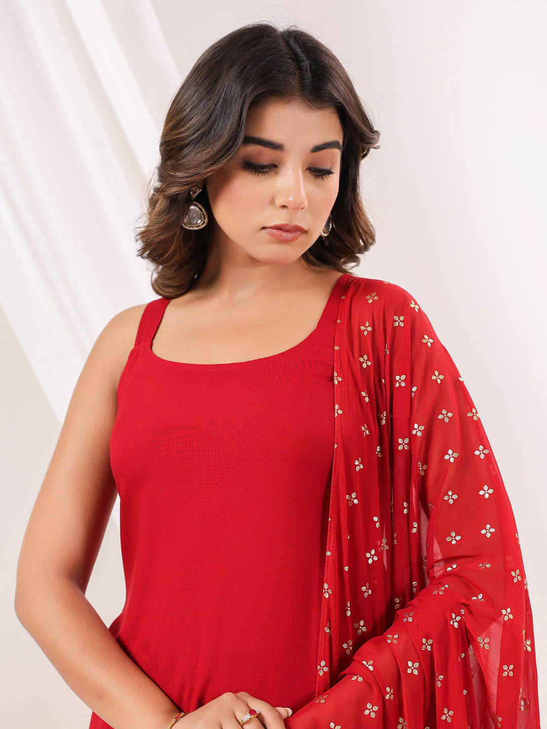 Red Rayon Straight Solid 3-Piece Sharara Set