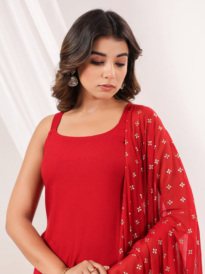 Red Rayon Straight Solid 3-Piece Sharara Set