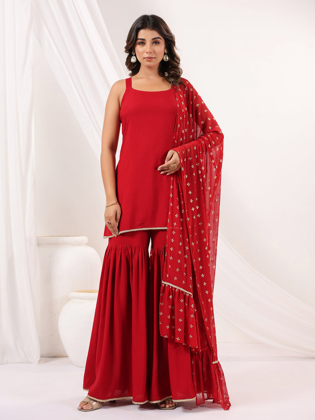 Red Rayon Straight Solid 3-Piece Sharara Set