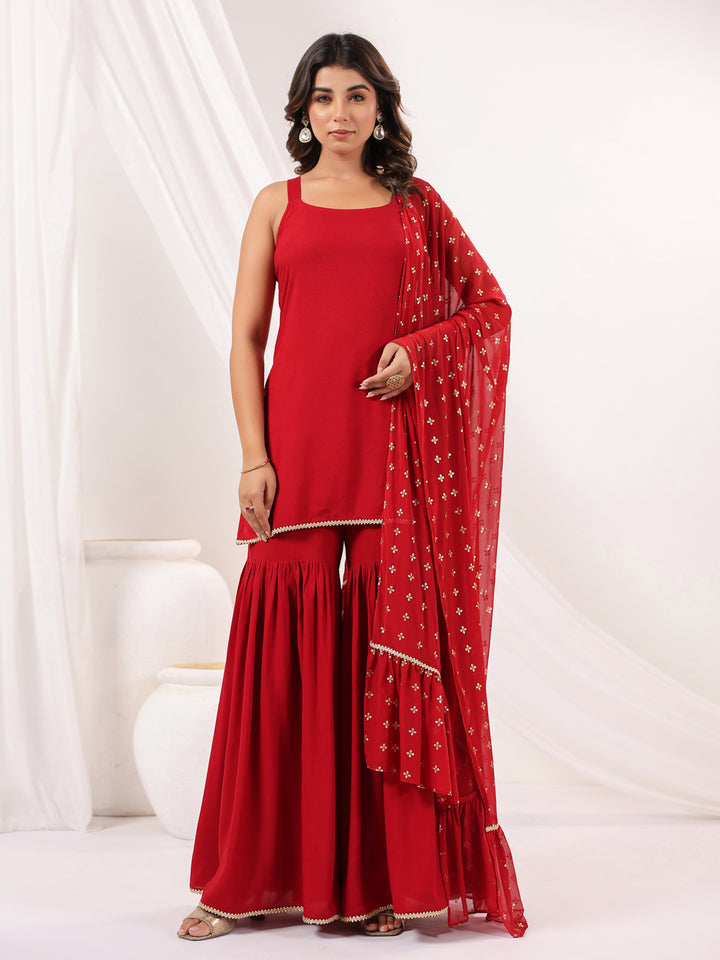 Red Rayon Straight Solid 3-Piece Sharara Set