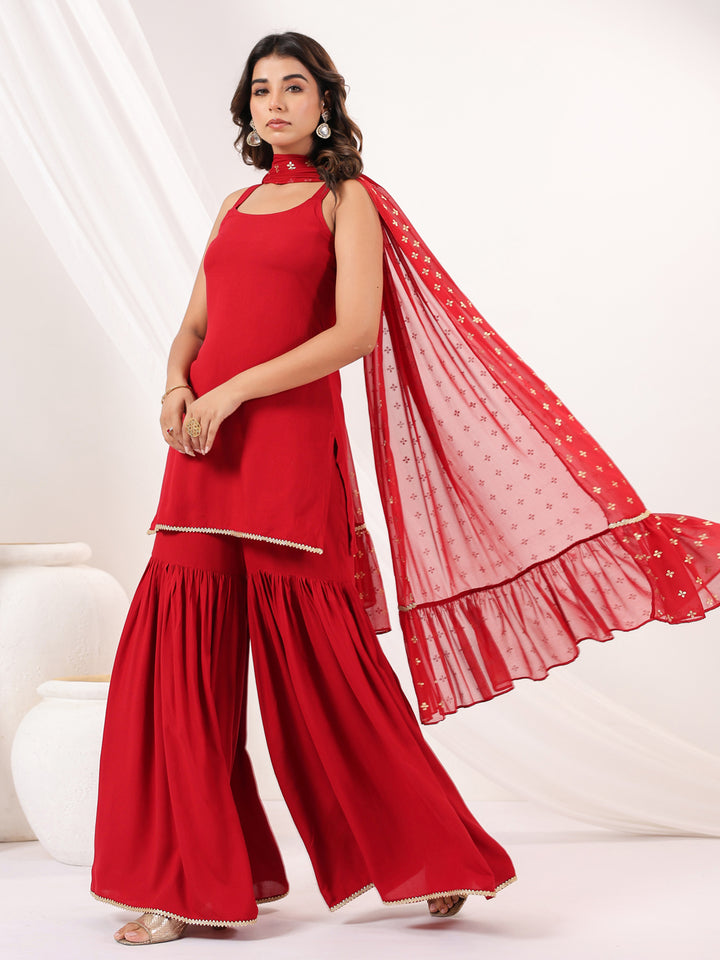Red Rayon Straight Solid 3-Piece Sharara Set