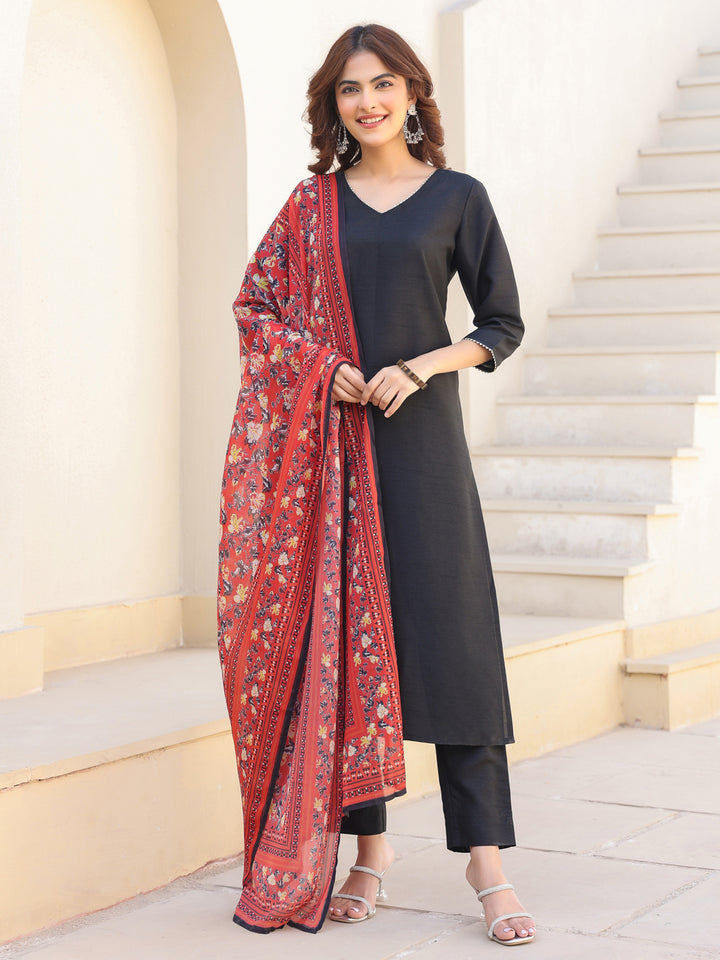 Black Silk Blend Straight Solid 3-Piece Kurta Set