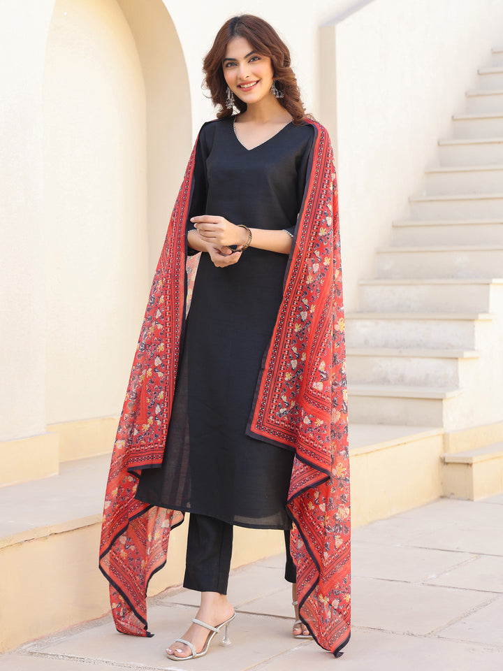 Black Silk Blend Straight Solid 3-Piece Kurta Set