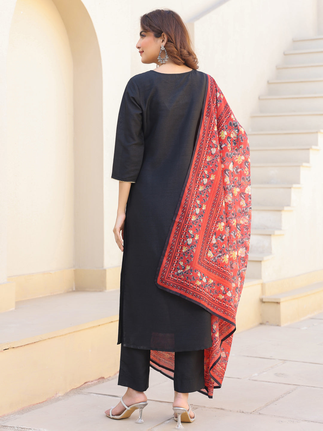 Black Silk Blend Straight Solid 3-Piece Kurta Set