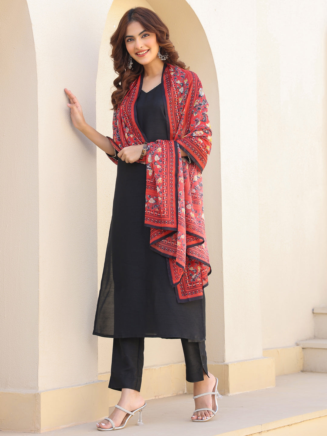 Black Silk Blend Straight Solid 3-Piece Kurta Set