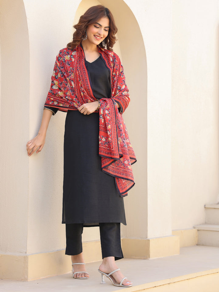 Black Silk Blend Straight Solid 3-Piece Kurta Set