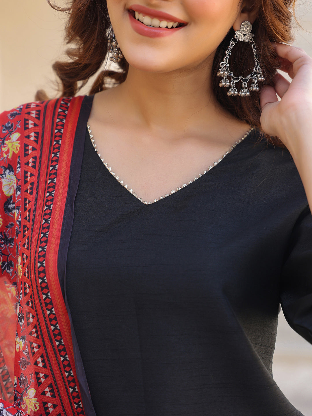 Black Silk Blend Straight Solid 3-Piece Kurta Set