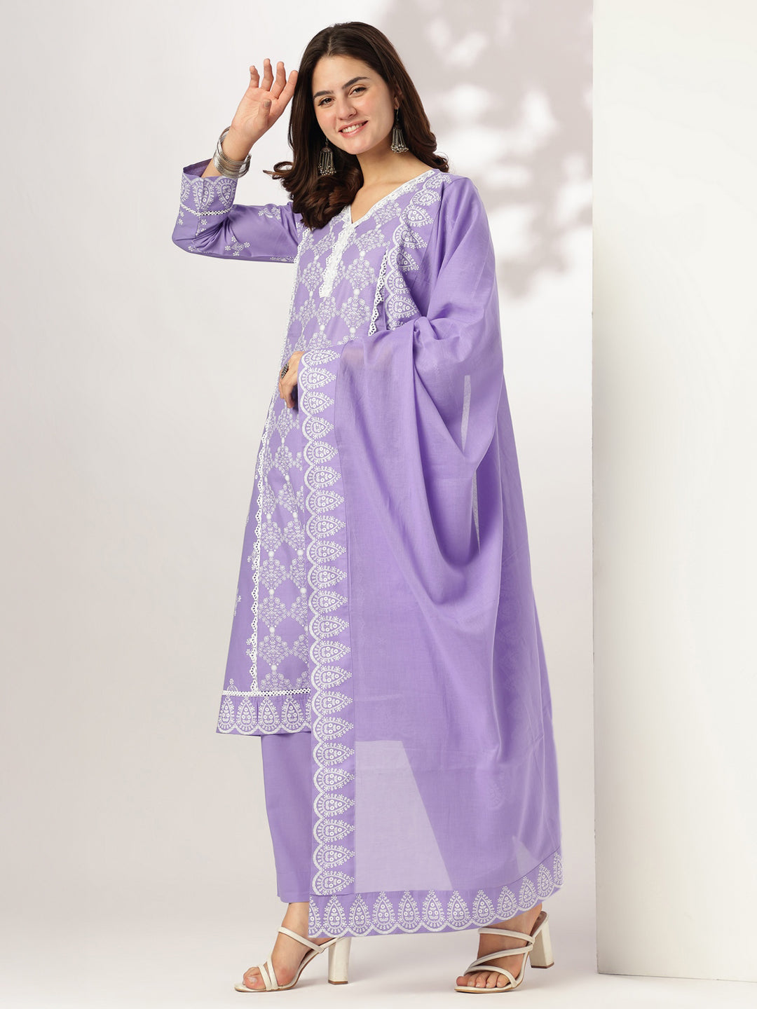 Lavender Cotton A-Line Ethnic Motifs 3-Piece Kurta Set