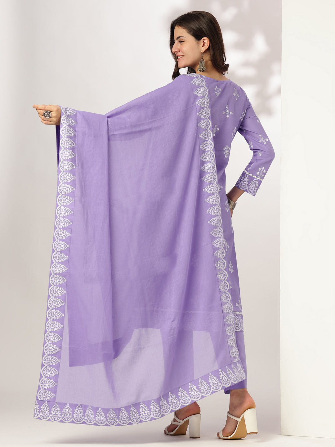 Lavender Cotton A-Line Ethnic Motifs 3-Piece Kurta Set