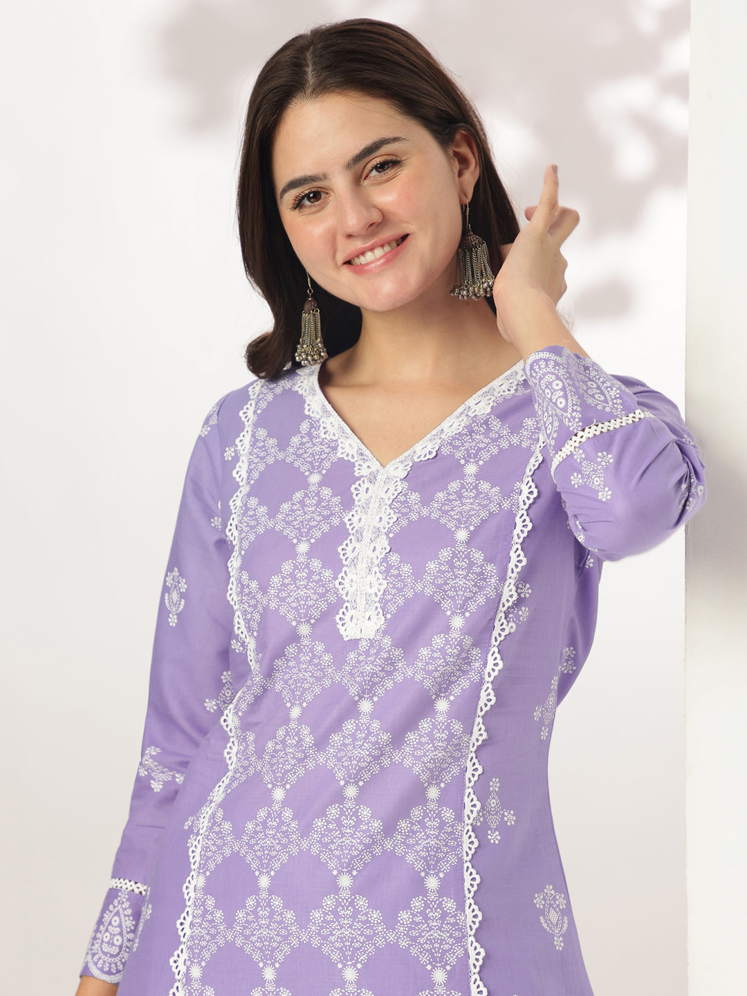 Lavender Cotton A-Line Ethnic Motifs 3-Piece Kurta Set
