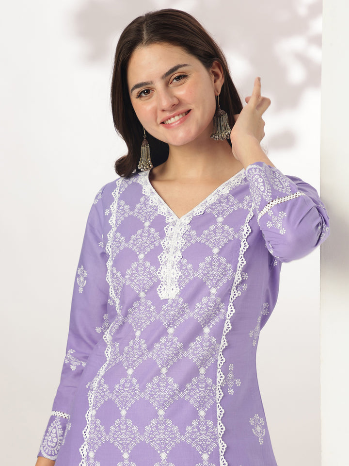 Lavender Cotton A-Line Ethnic Motifs 3-Piece Kurta Set