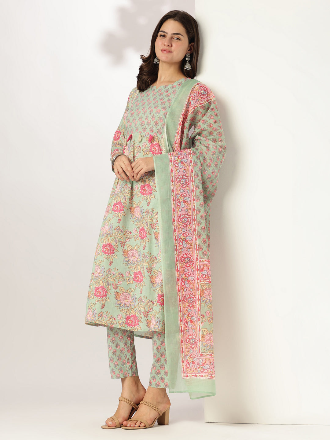 Aqua Cotton A-Line Floral Printed 3-Piece Kurta Set