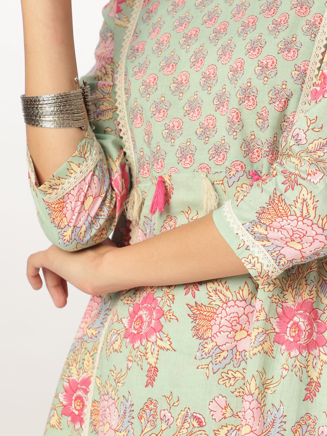 Aqua Cotton A-Line Floral Printed 3-Piece Kurta Set