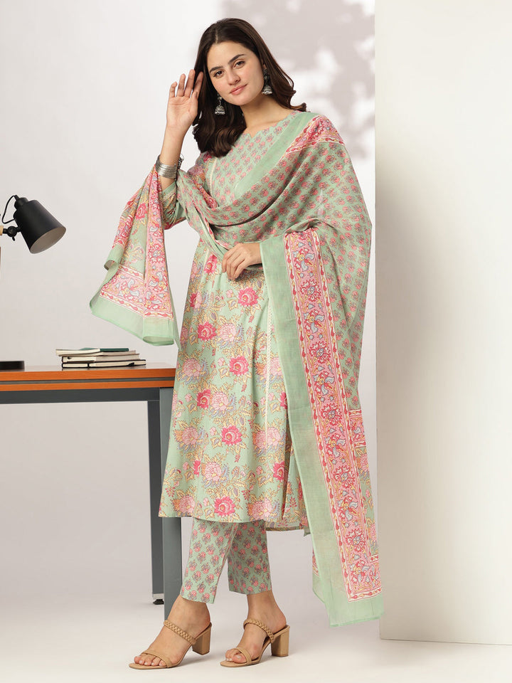 Aqua-Cotton-A-Line-Floral-Printed-3-Piece-Kurta-Set