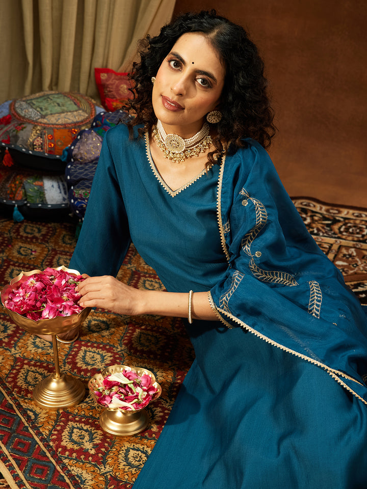 Teal Silk Blend Embellished 3-Piece Kurta Set
