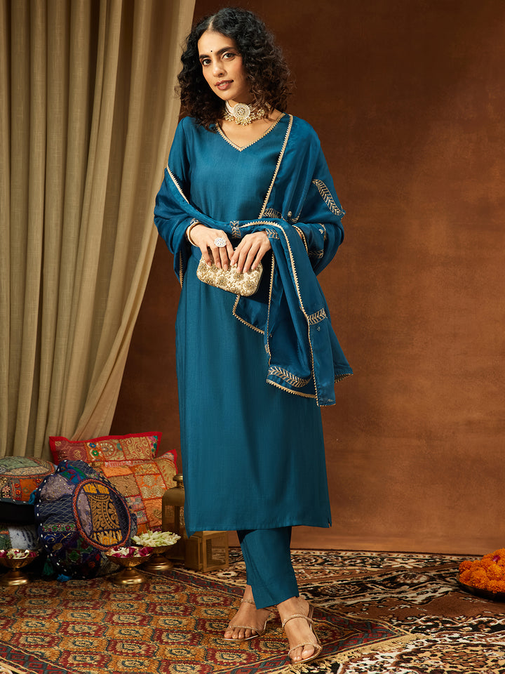 Teal Silk Blend Embellished 3-Piece Kurta Set