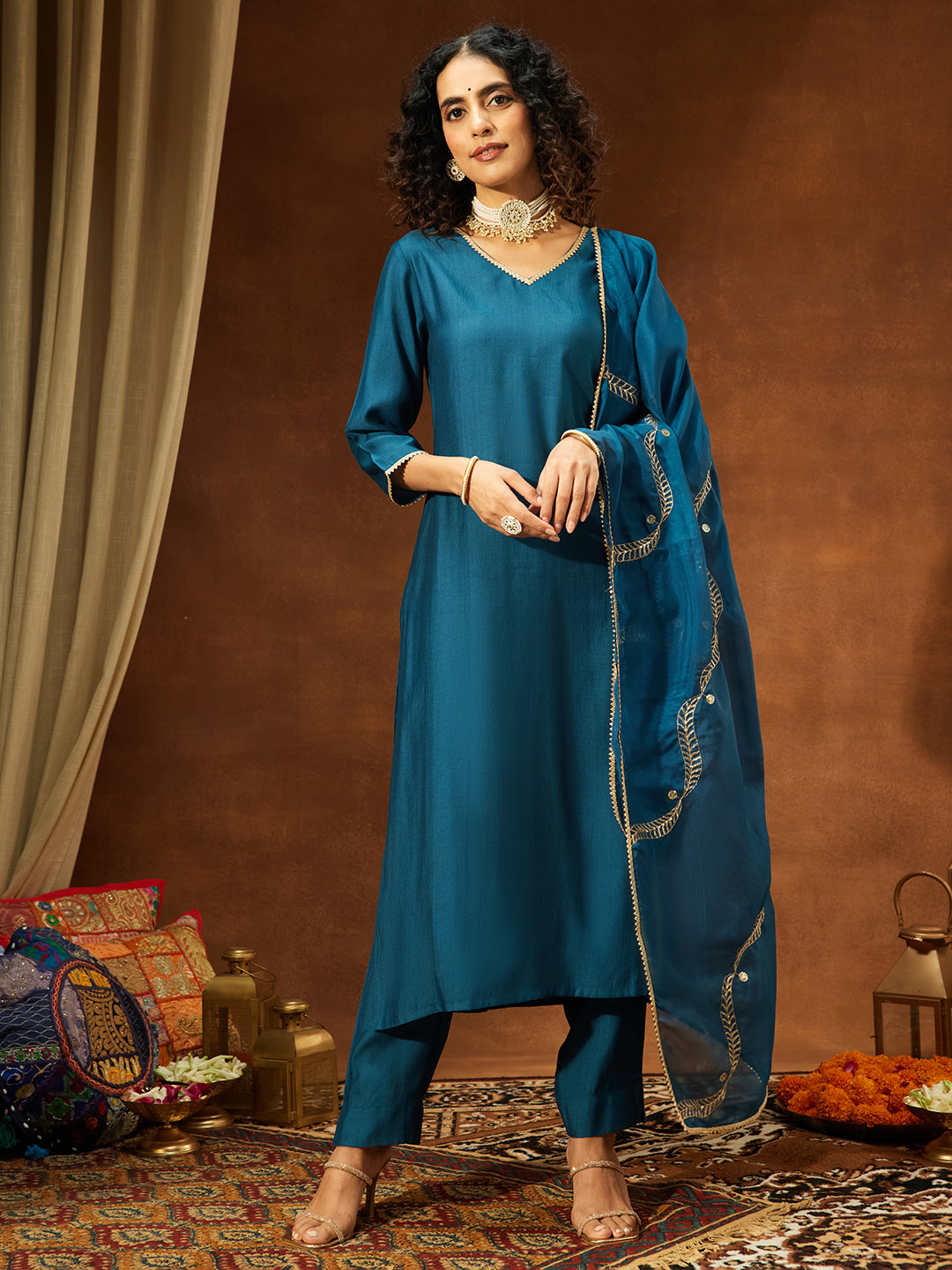 Teal Silk Blend Embellished 3-Piece Kurta Set