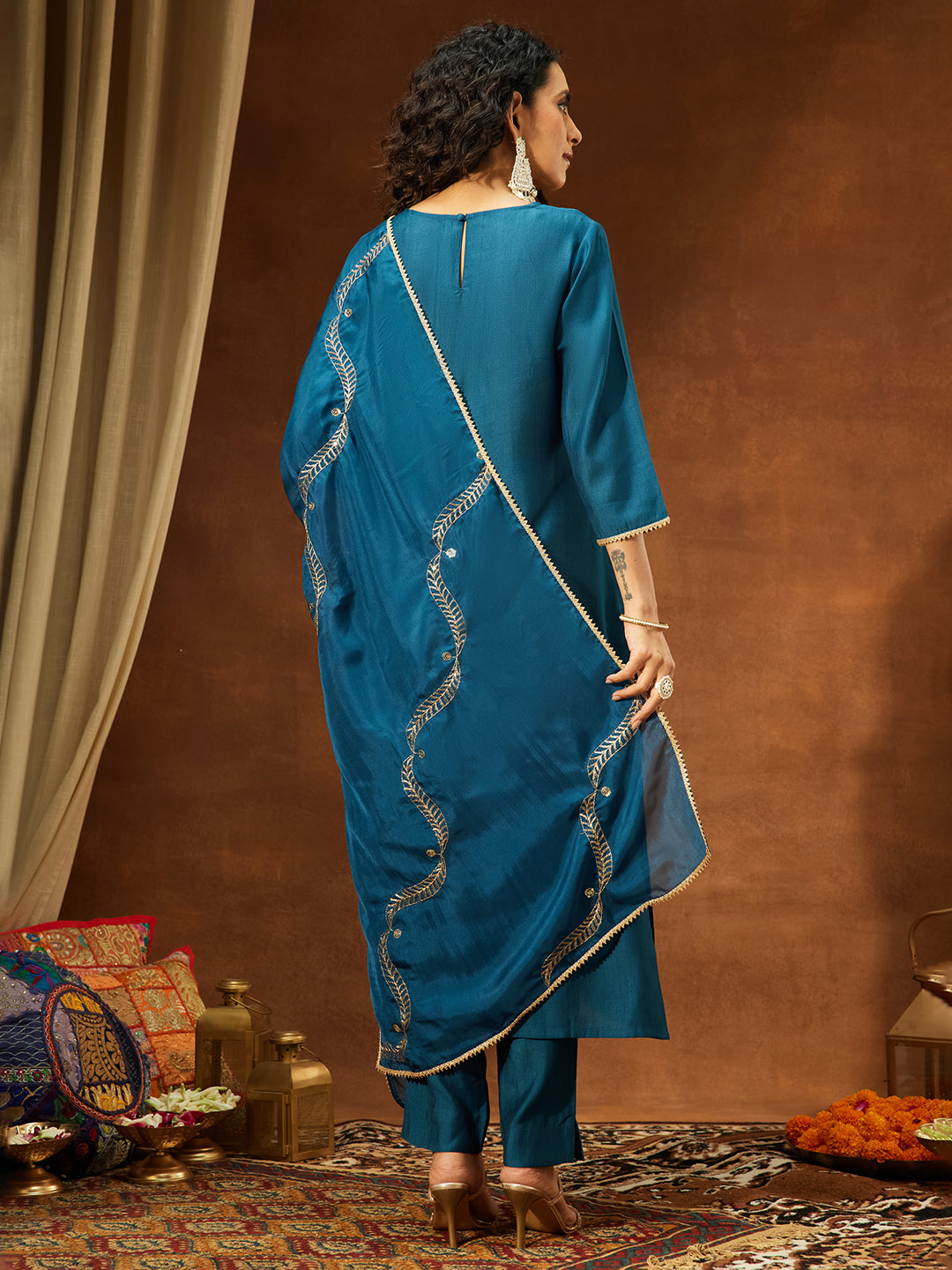 Teal Silk Blend Embellished 3-Piece Kurta Set