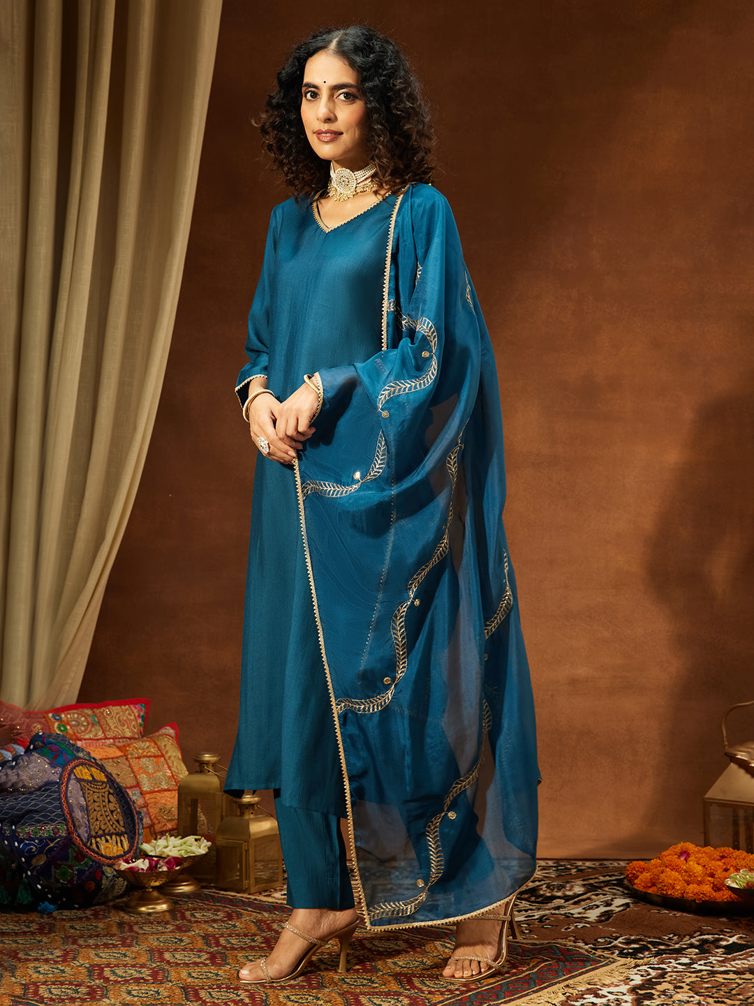 Teal Silk Blend Embellished 3-Piece Kurta Set