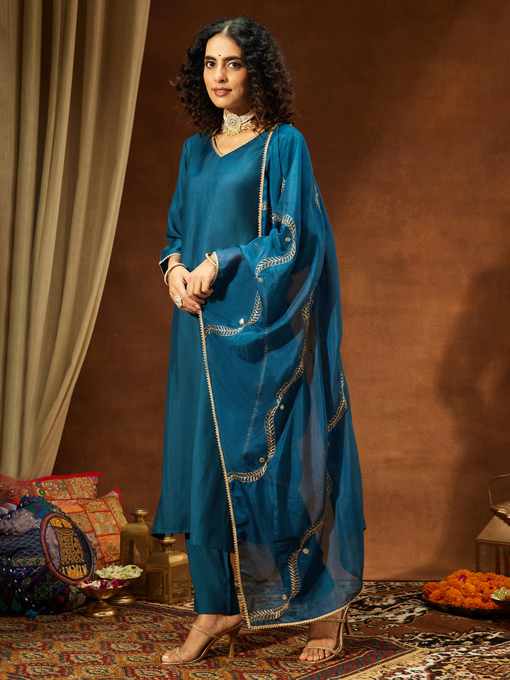 Teal Silk Blend Embellished 3-Piece Kurta Set