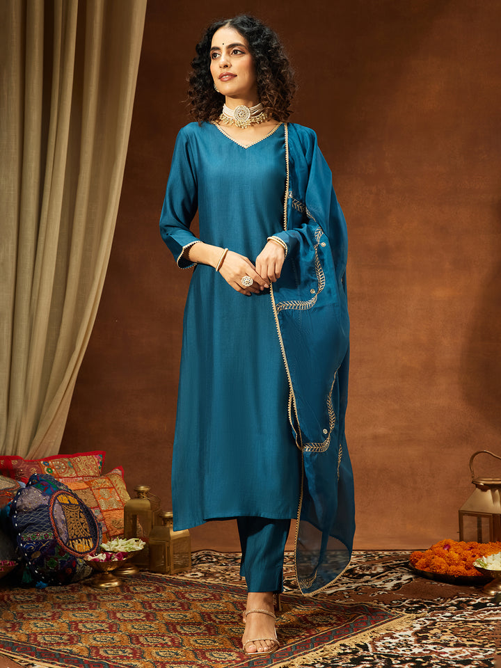 Teal Silk Blend Embellished 3-Piece Kurta Set