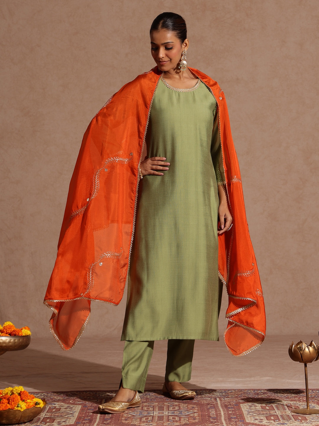 Sage Silk Blend Embellished 3-Piece Kurta Set