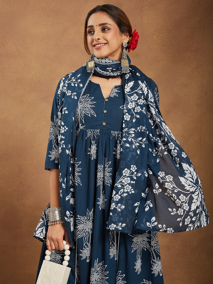 Teal Cotton A-Line Floral Printed 3-Piece Kurta Set