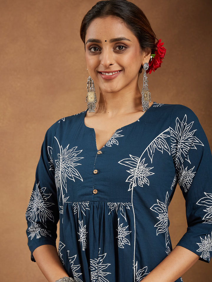 Teal Cotton A-Line Floral Printed 3-Piece Kurta Set