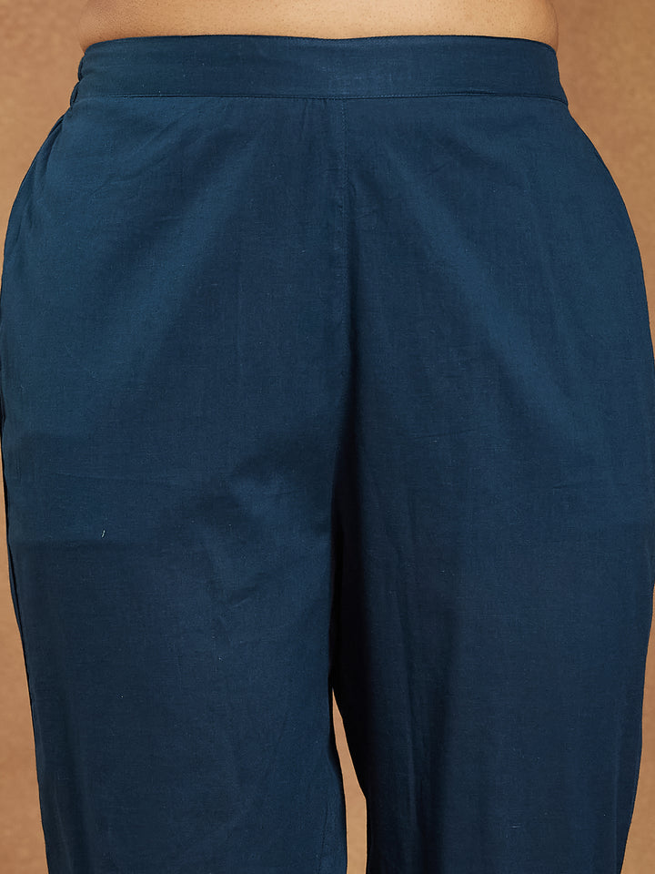 Teal Cotton A-Line Floral Printed 3-Piece Kurta Set