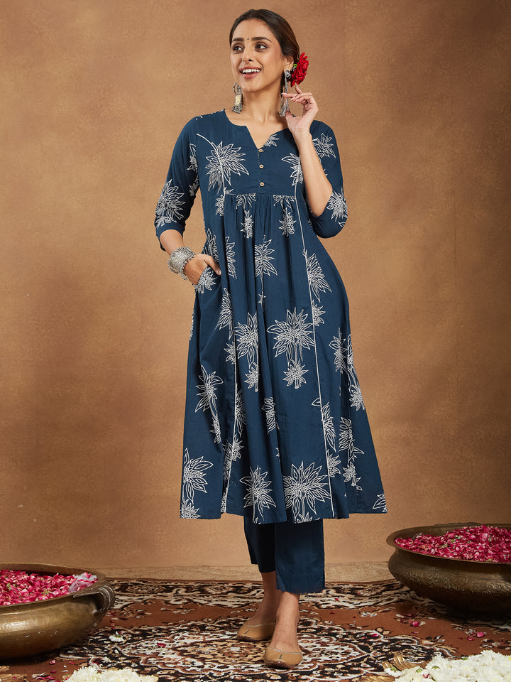 Teal Cotton A-Line Floral Printed 3-Piece Kurta Set