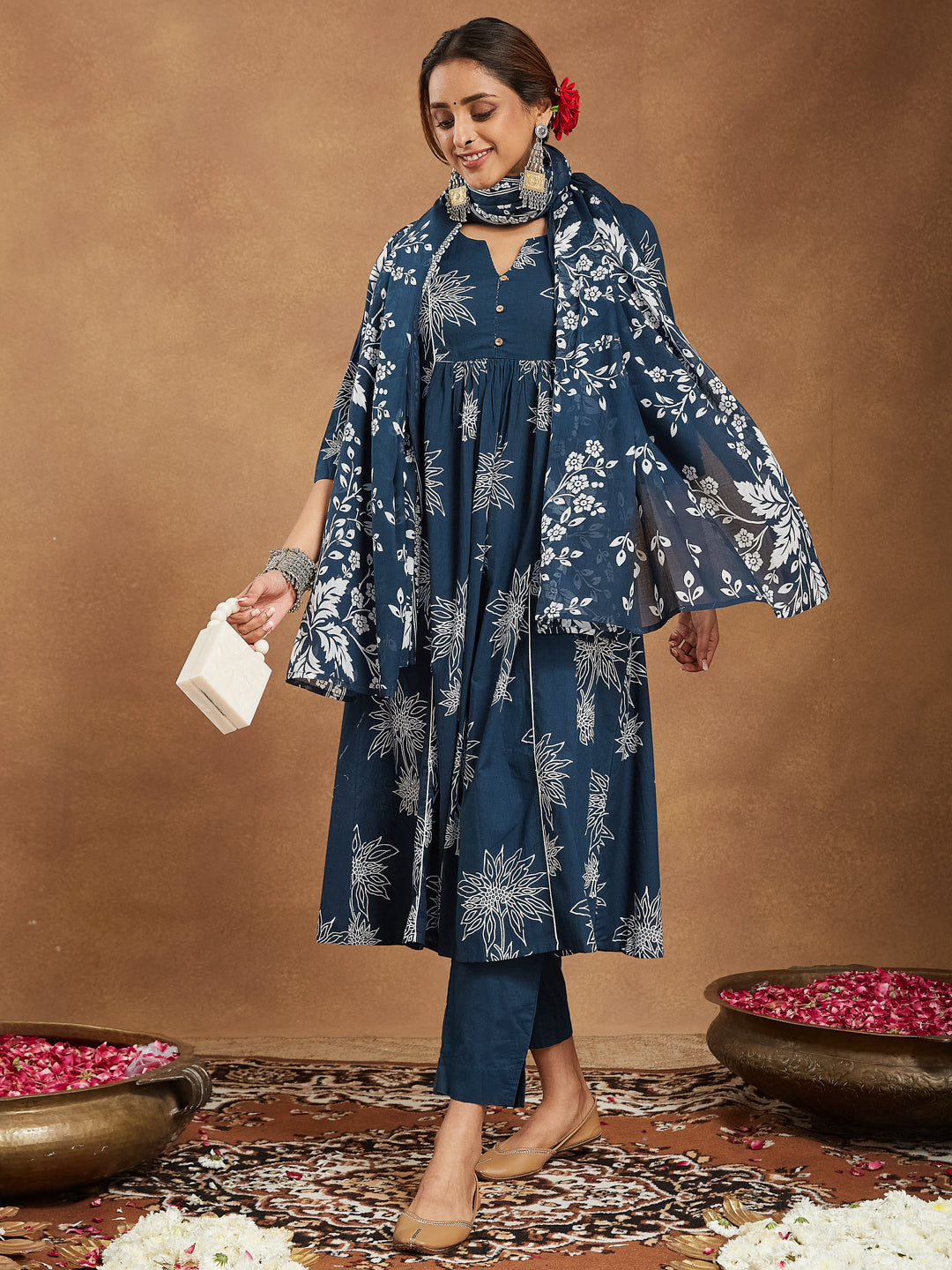 Teal-Cotton-A-Line-Floral-Printed-3-Piece-Kurta-Set