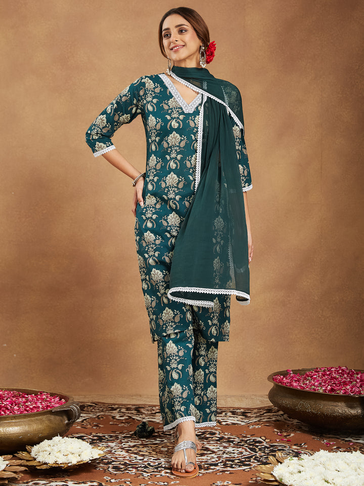 Bottle Green Cambric A-Line Floral Printed 3-Piece Kurta Set