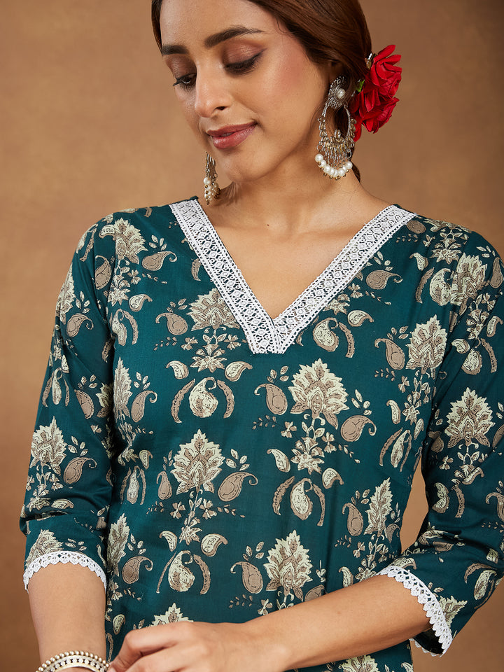 Bottle Green Cambric A-Line Floral Printed 3-Piece Kurta Set