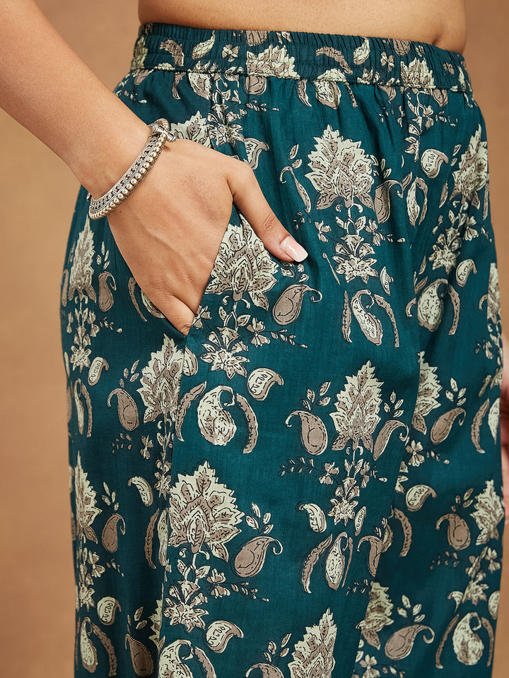 Bottle Green Cambric A-Line Floral Printed 3-Piece Kurta Set