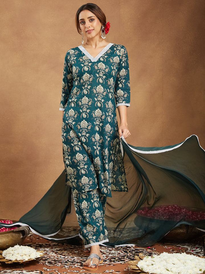 Bottle-Green-Cambric-A-Line-Floral-Printed-3-Piece-Kurta-Set