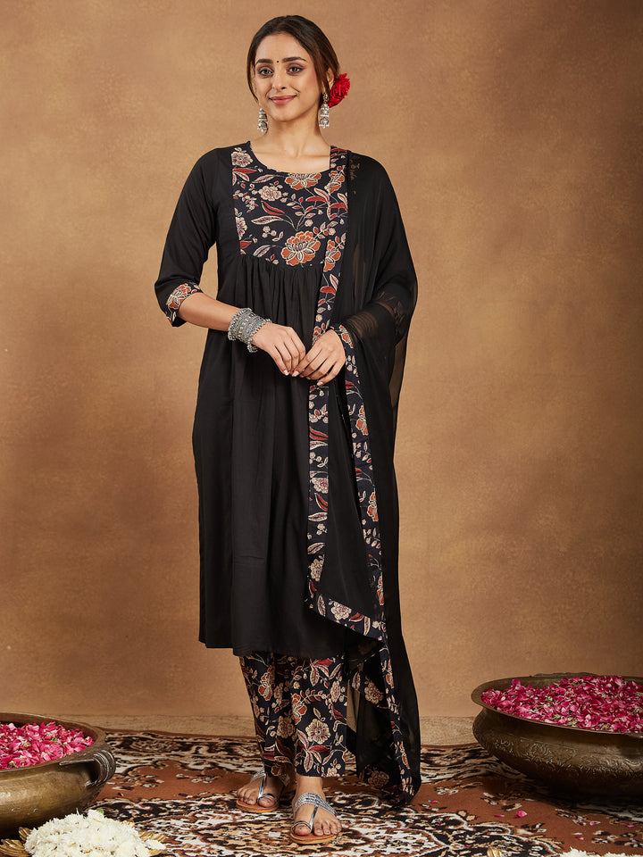 Black Cotton A-Line Floral Printed 3-Piece Kurta Set