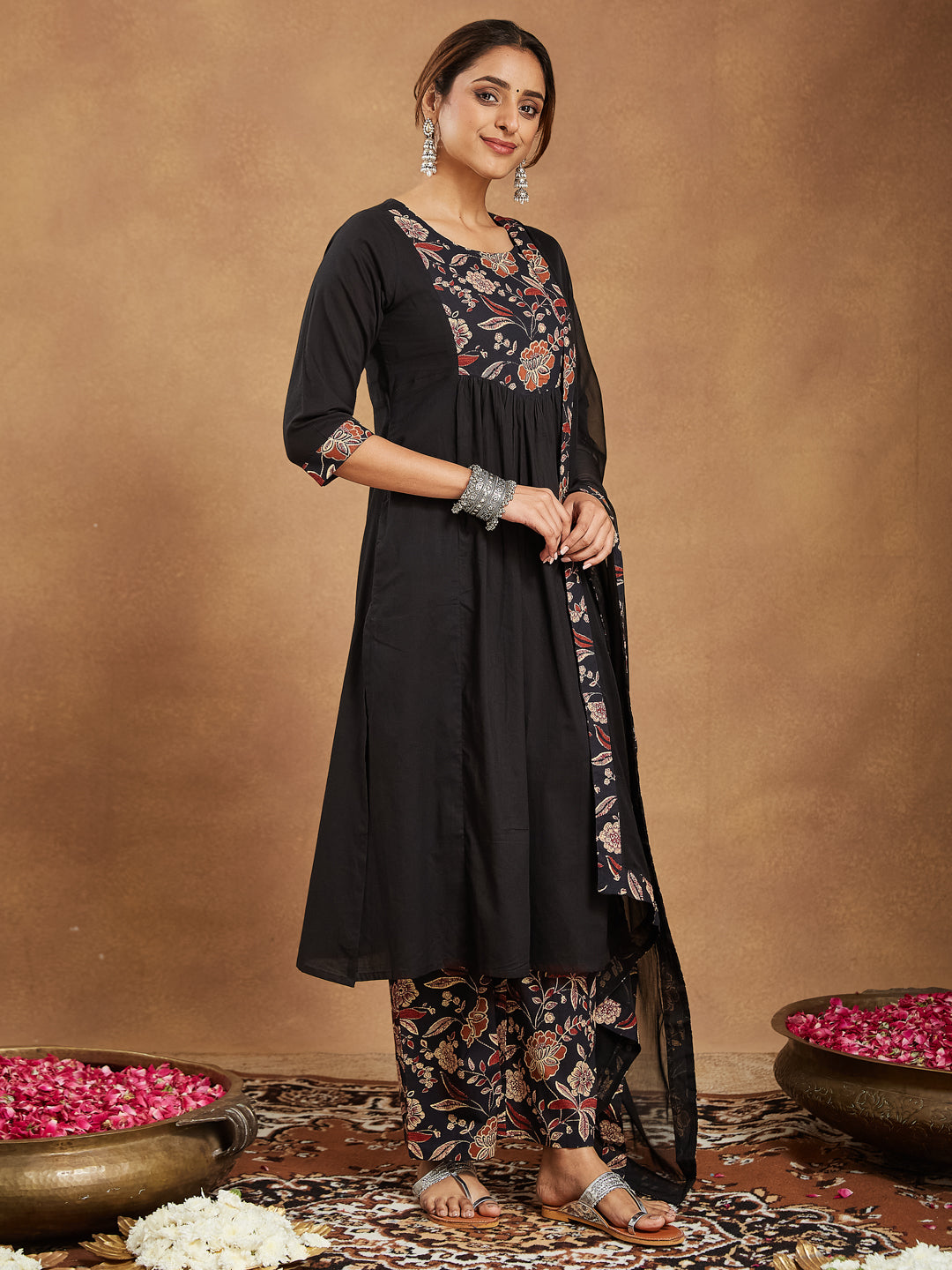 Black Cotton A-Line Floral Printed 3-Piece Kurta Set
