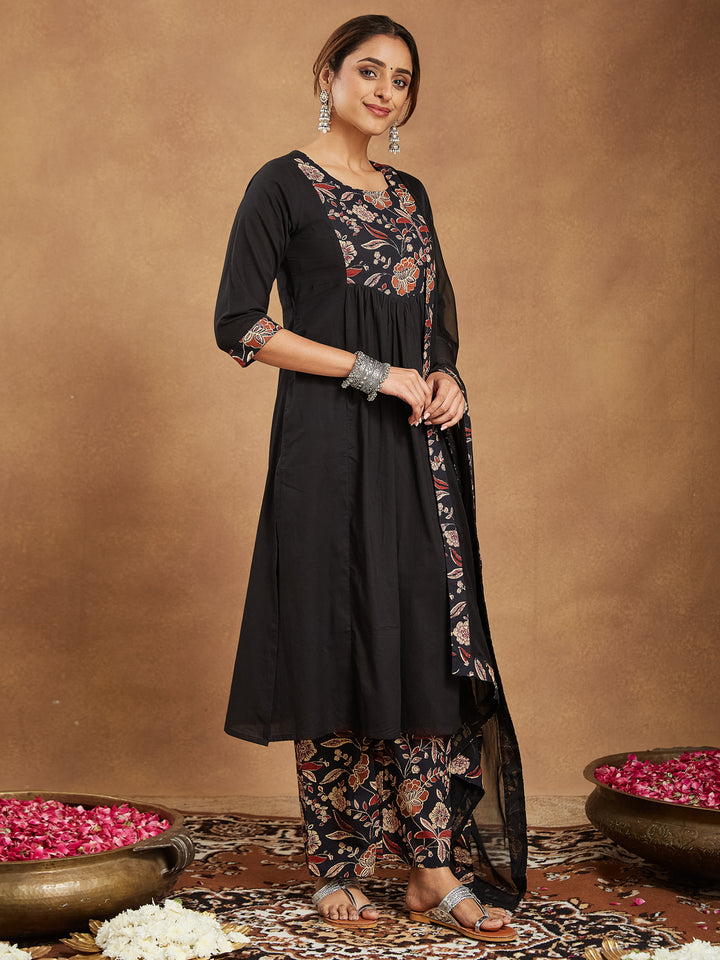 Black Cotton A-Line Floral Printed 3-Piece Kurta Set