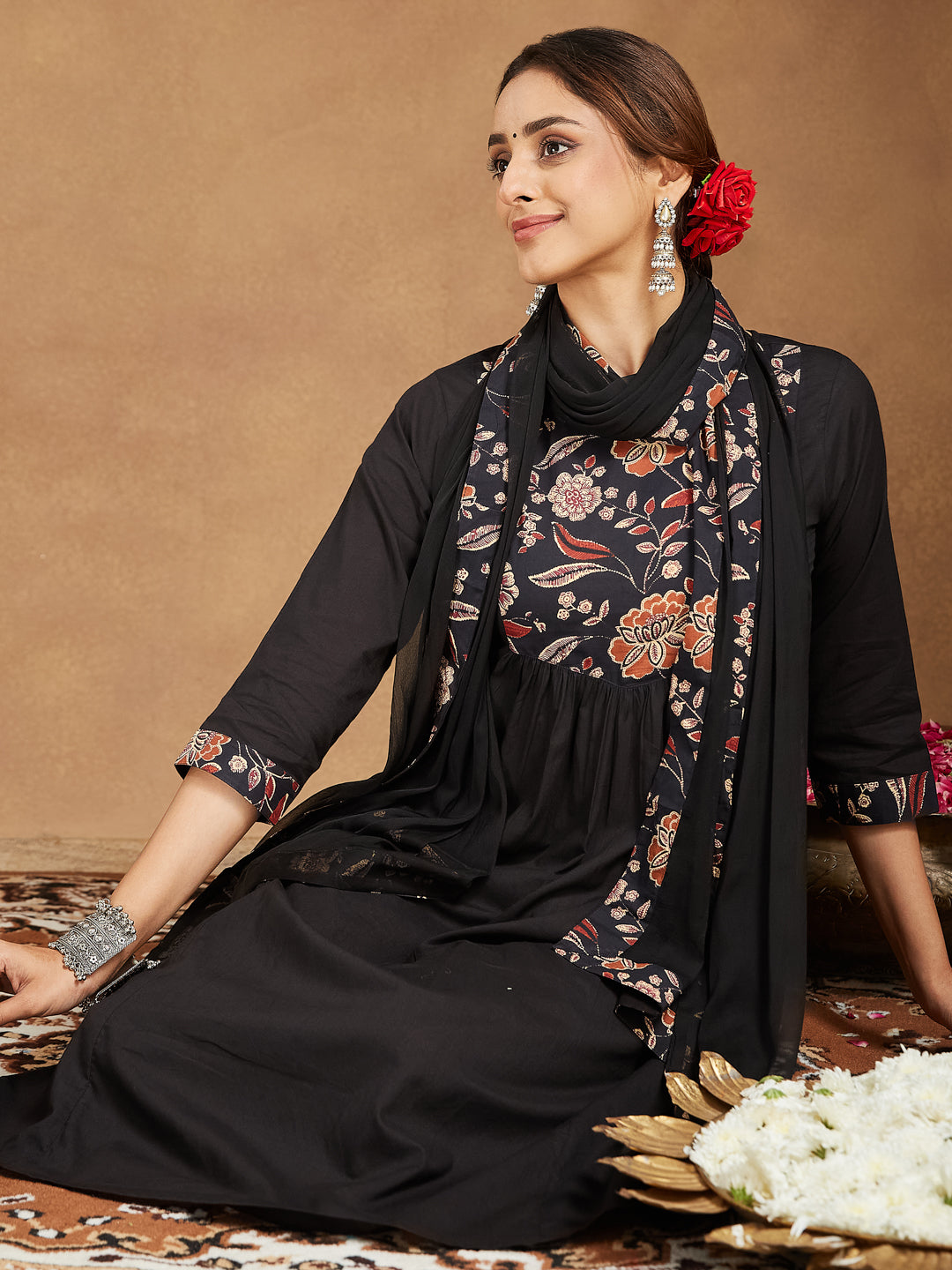 Black Cotton A-Line Floral Printed 3-Piece Kurta Set